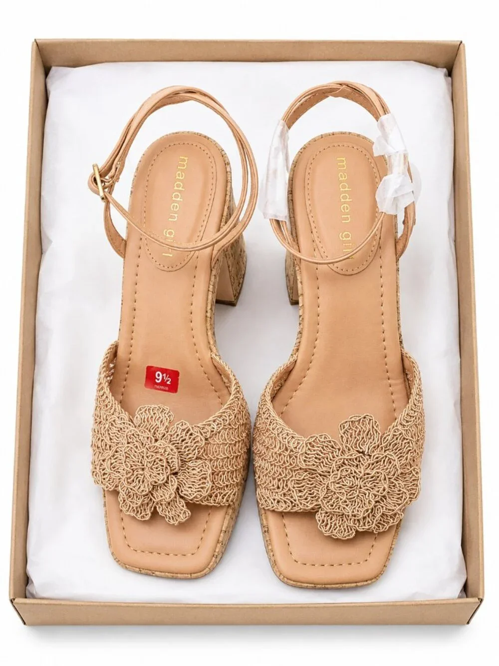 Madden Girl Womens Tan Cork Platform Sandals Crochet Flower Heels 9.5 NEW